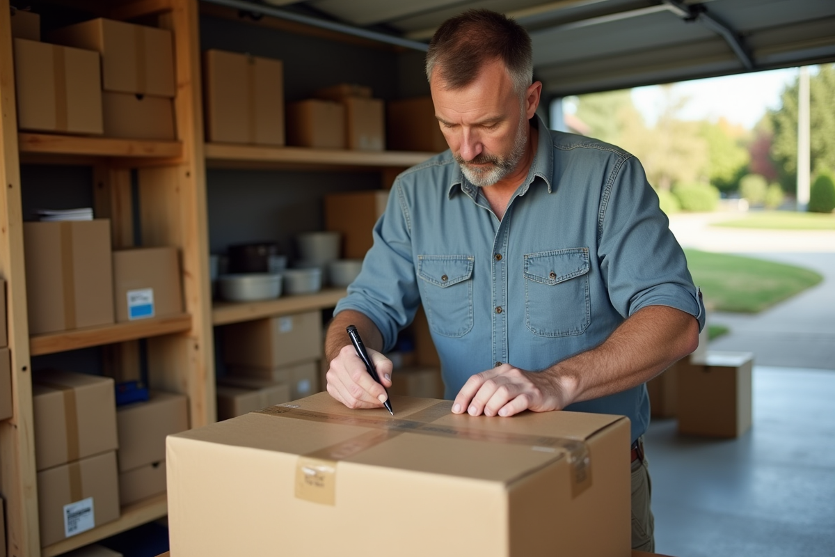 Homme étiquetant des cartons dans un garage extérieur