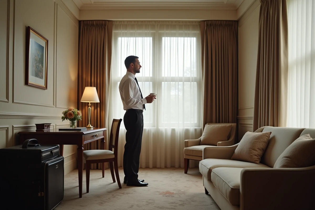Homme pensif regardant par la fenêtre dans une suite luxueuse