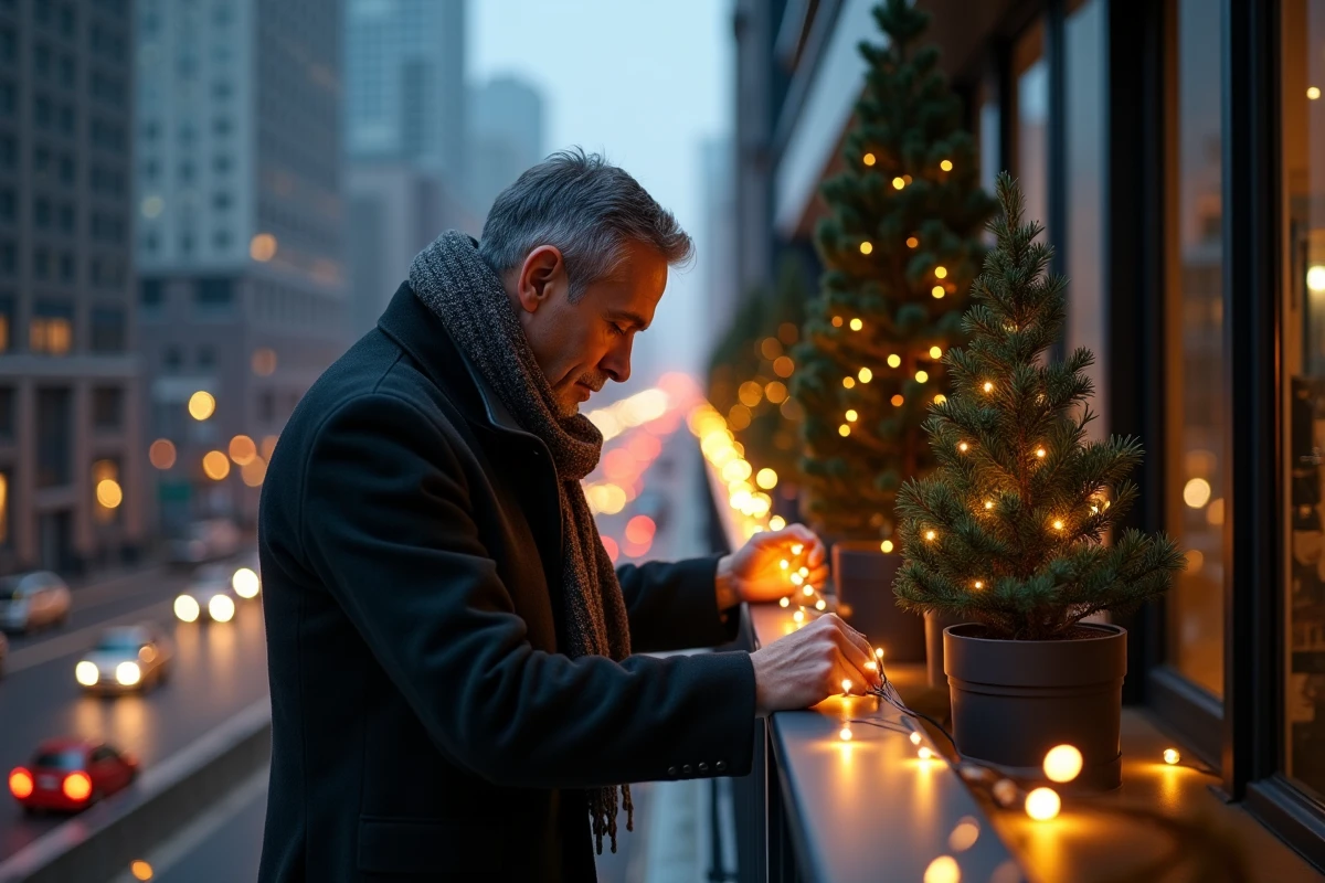 Homme ajustant des lumières de fête sur un balcon en ville