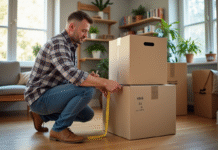Homme mesurant des cartons de demenagement dans un salon
