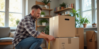 Calculer m3 déménagement : astuces et méthode pratique pour estimation volume Homme mesurant des cartons de demenagement dans un salon