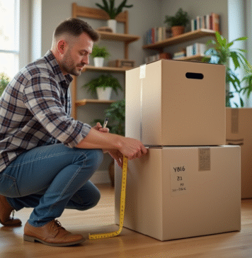 Homme mesurant des cartons de demenagement dans un salon