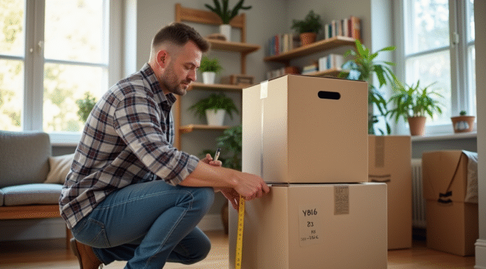 Homme mesurant des cartons de demenagement dans un salon