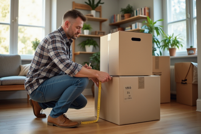Homme mesurant des cartons de demenagement dans un salon