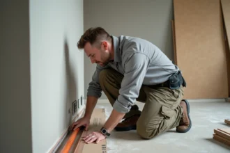 Homme mesurant la plaque de drywall dans un appartement en rénovation