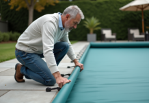 Empêcher le vent de souffler la couverture de la piscine : conseils pratiques et efficaces Homme en jeans posant la bache de piscine en extérieur