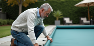 Empêcher le vent de souffler la couverture de la piscine : conseils pratiques et efficaces Homme en jeans posant la bache de piscine en extérieur