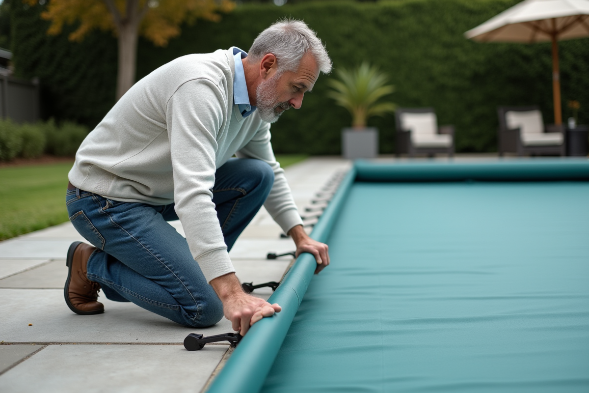 Homme en jeans posant la bache de piscine en extérieur