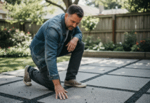 Homme en extérieur touchant un patio en béton moderne