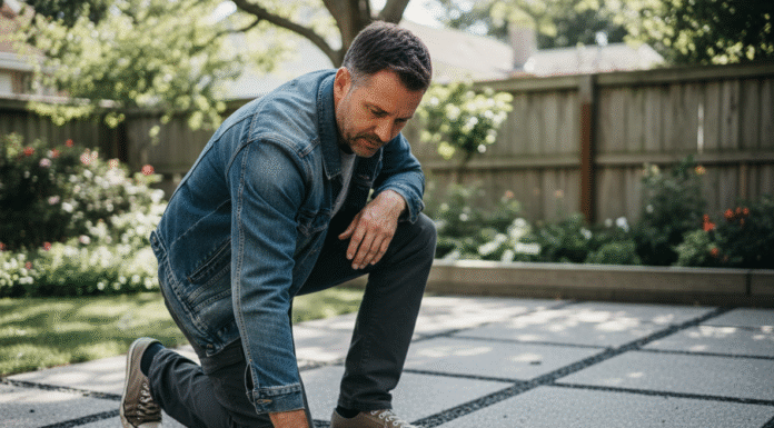 Homme en extérieur touchant un patio en béton moderne