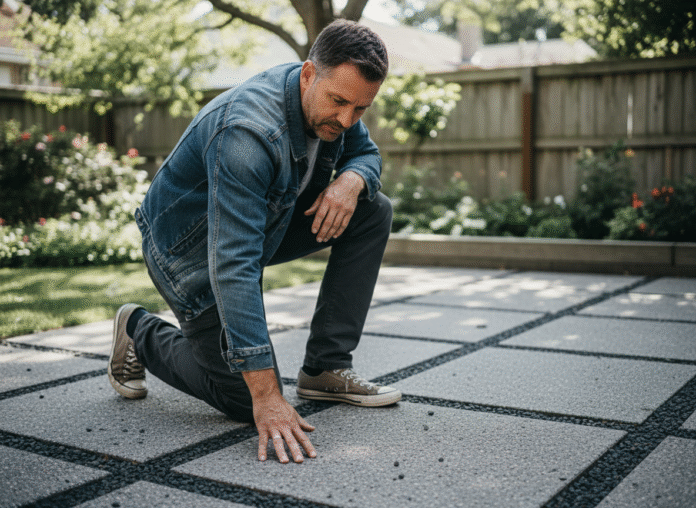 Homme en extérieur touchant un patio en béton moderne