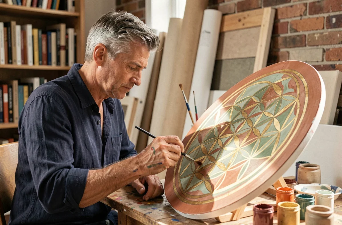 Homme peignant un mandala graine de vie sur toile ronde dans un atelier créatif rustique, avec des tons terreux et dorés