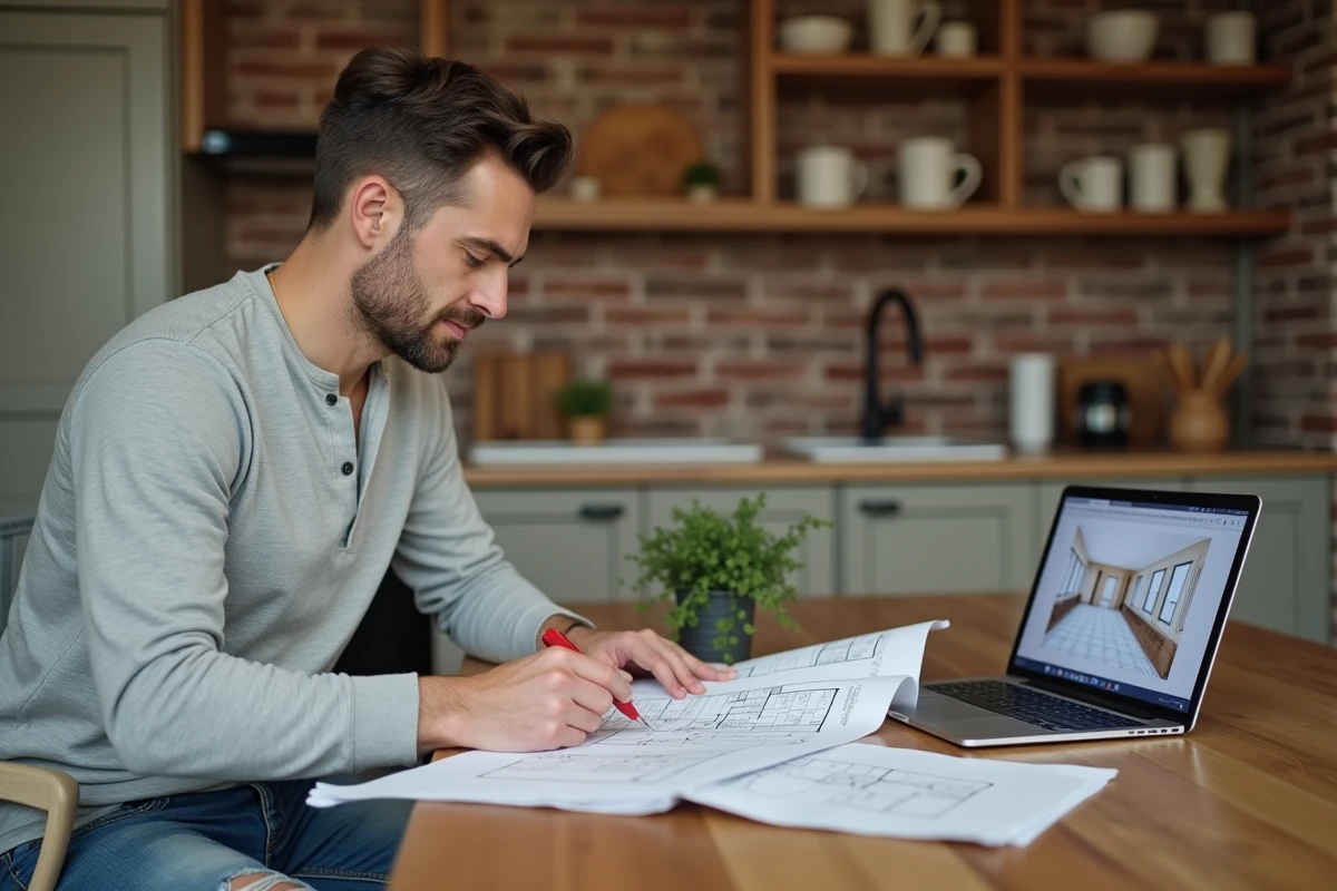 Un homme consulte des plans de rénovation et un site web de bricolage sur son ordinateur portable à une table en bois