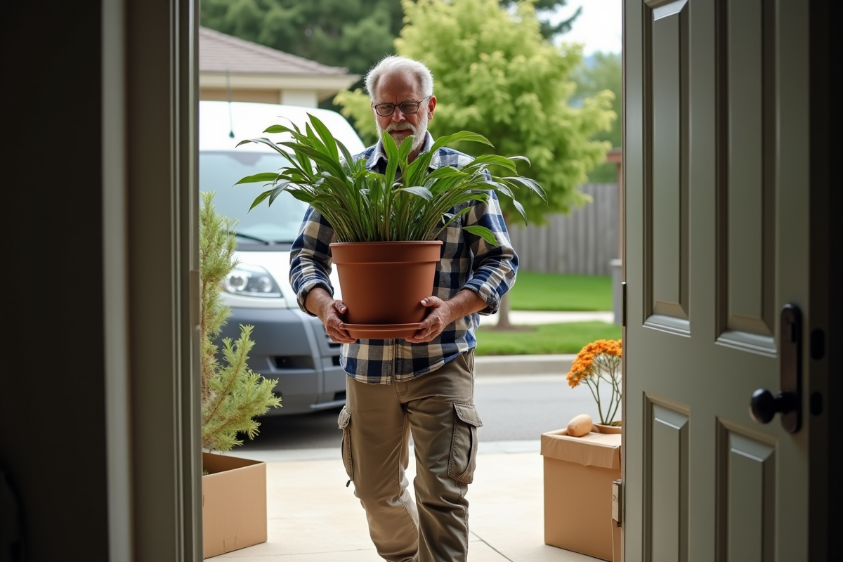Homme portant une plante en pot devant une maison en déménagement