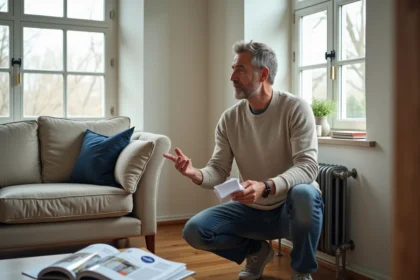 Homme examine un radiateur en fonte dans un salon rénové