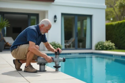 Homme ajustant une vanne de piscine dans un jardin