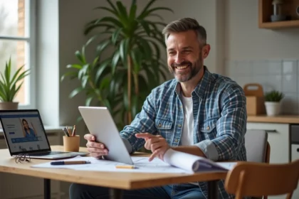 Homme d'âge moyen avec tablette et plans de rénovation