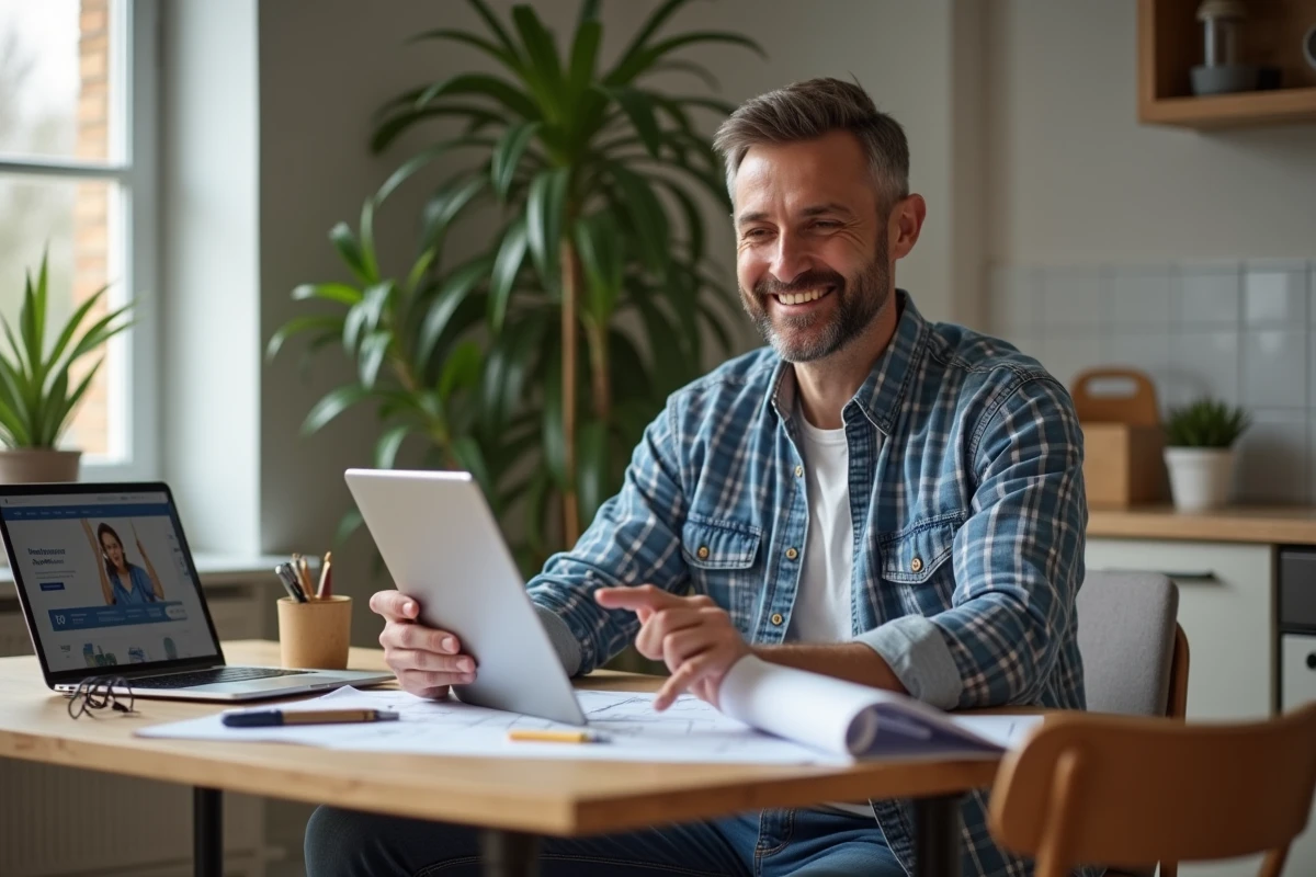 Homme d'âge moyen avec tablette et plans de rénovation