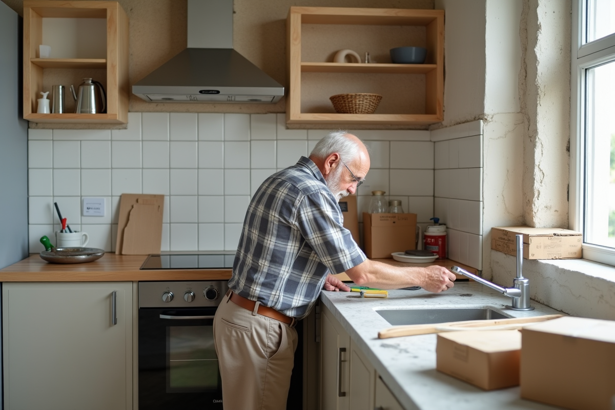 Homme âgé posant des carreaux de crédence dans une cuisine en rénovation