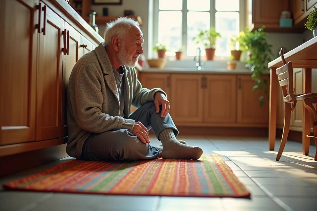 Homme âgé assis sur un tapis isolant dans la cuisine lumineuse