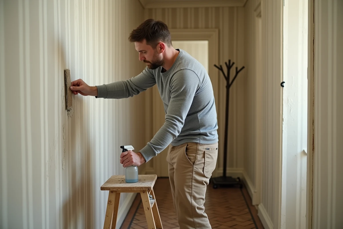 Homme utilisant une spatule pour décoller du papier peint dans un couloir avec carrelage en chevrons