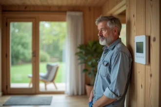 Homme d'âge moyen vérifiant un thermostat dans une maison bioclimatique