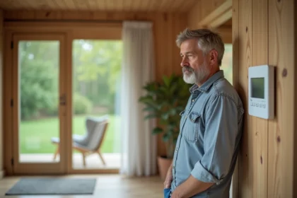 Homme d'âge moyen vérifiant un thermostat dans une maison bioclimatique