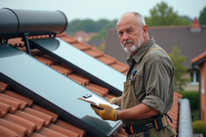 Homme d'âge moyen examinant un chauffe-eau solaire sur le toit