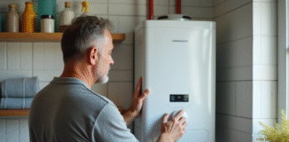 Homme vérifiant le panneau de contrôle d'un chauffe-eau électrique blanc