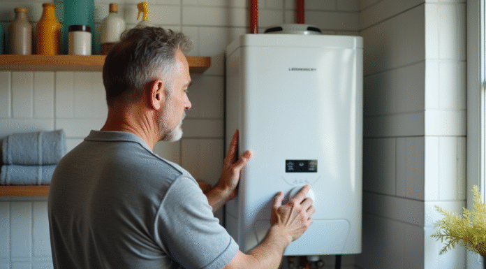Homme vérifiant le panneau de contrôle d'un chauffe-eau électrique blanc
