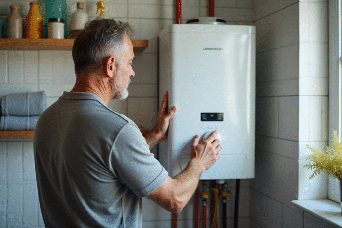 Homme vérifiant le panneau de contrôle d'un chauffe-eau électrique blanc