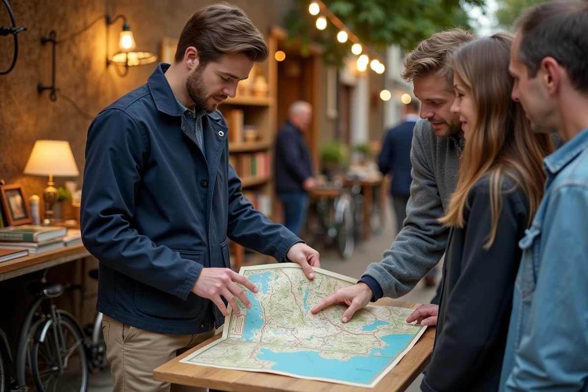 Jeune homme montrant une carte vintage à une famille