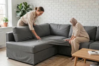 Femme ajustant une housse grise sur un canapé d'angle convertible en L dans un salon scandinave