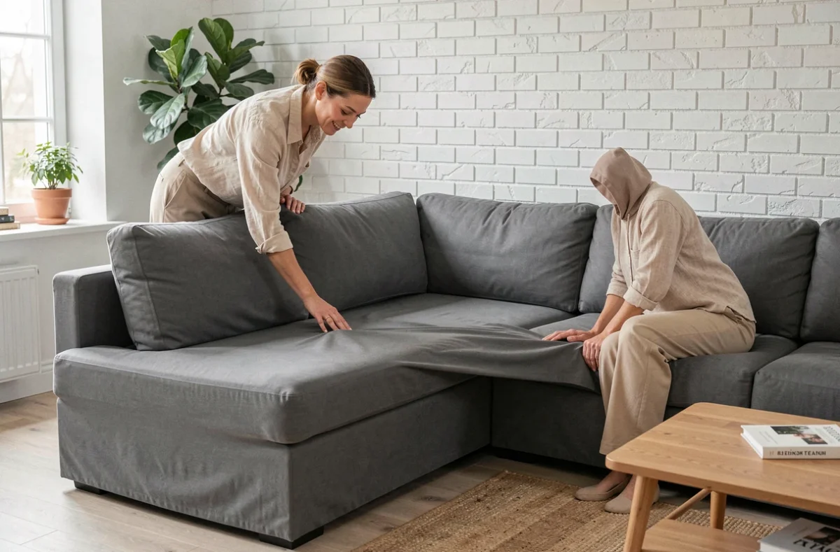 Femme ajustant une housse grise sur un canapé d'angle convertible en L dans un salon scandinave