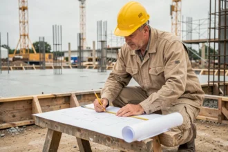 Ingénieur civil calculant le volume d'une dalle béton sur un chantier de construction