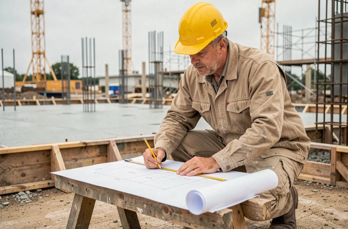 Ingénieur civil calculant le volume d'une dalle béton sur un chantier de construction