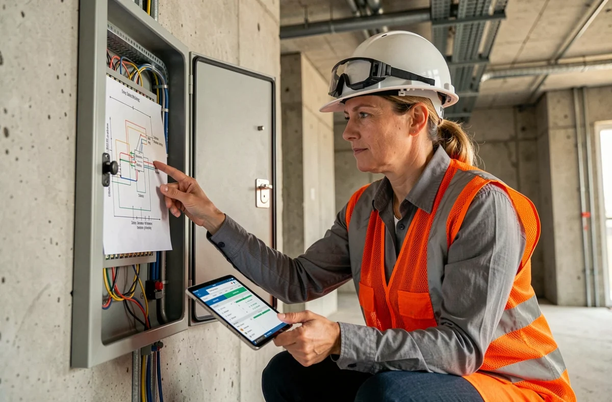 Ingénieure électricienne sur un chantier consultant un outil de calcul de section de câble sur tablette devant un tableau électrique ouvert