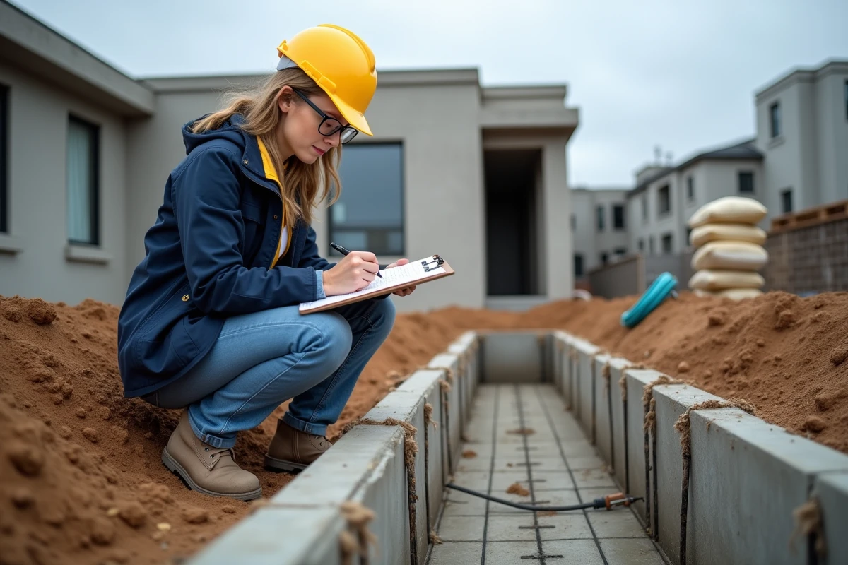 Ingénieure de chantier inspectant le mortier coulé dans les fondations d'une construction résidentielle en notant les paramètres du mélange