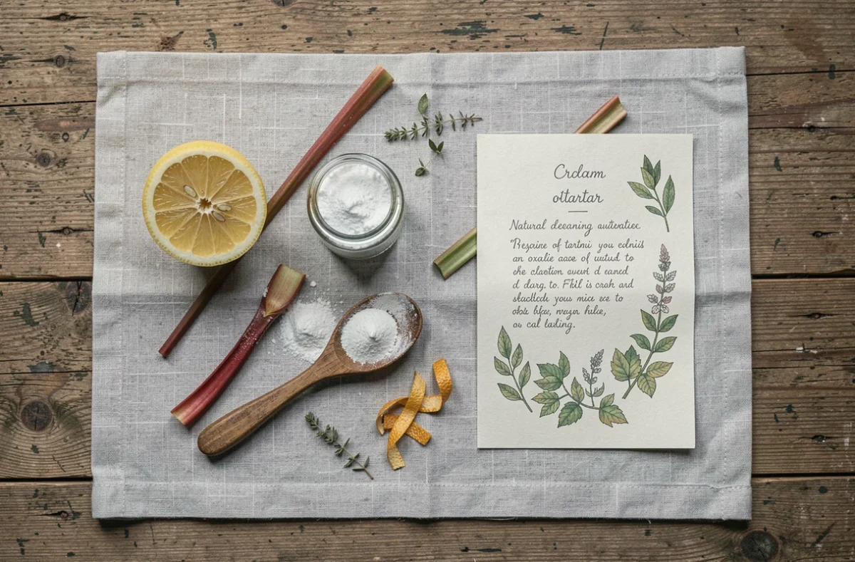 Composition à plat d'ingrédients naturels alternatifs à l'acide oxalique : citron, crème de tartre, bicarbonate et rhubarbe sur lin gris