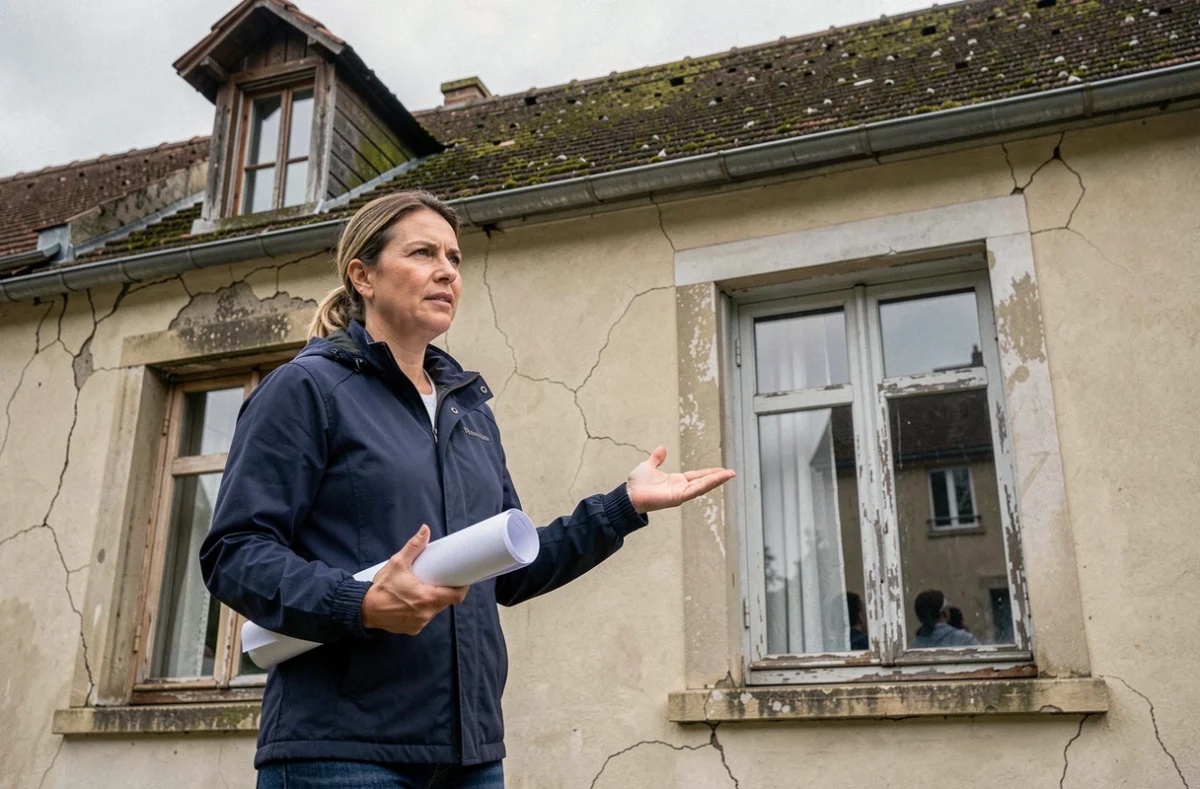 Femme examinant la façade abîmée d'une maison ancienne avant le lancement de travaux de rénovation