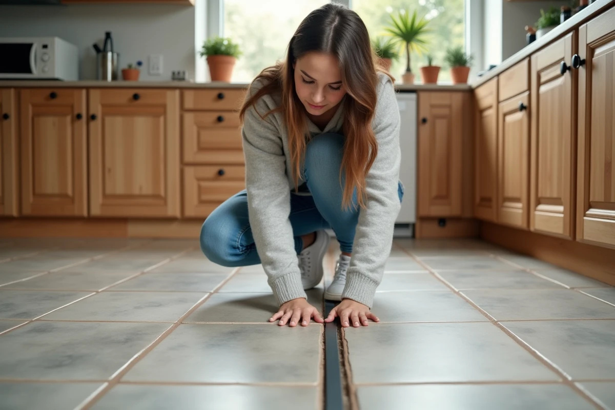 Jeune femme inspectant une jointure de carrelage cuisine