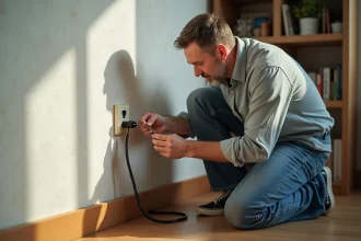 Homme inspectant une prise téléphonique ancienne dans un appartement moderne