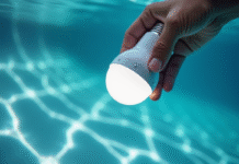 Main installant une ampoule LED dans un luminaire de piscine