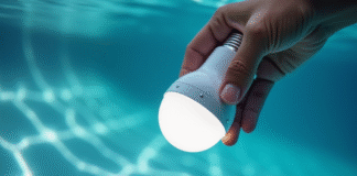 Main installant une ampoule LED dans un luminaire de piscine
