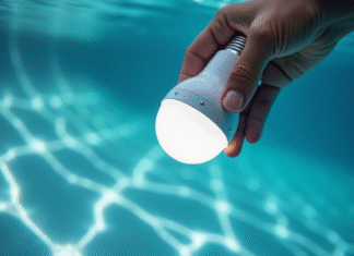 Ampoule LED pour éclairage piscine : Comment faire le remplacement ? Main installant une ampoule LED dans un luminaire de piscine