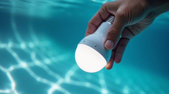 Main installant une ampoule LED dans un luminaire de piscine