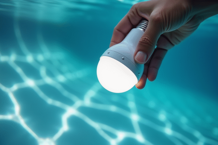 installation-ampoule-led-piscine Main installant une ampoule LED dans un luminaire de piscine