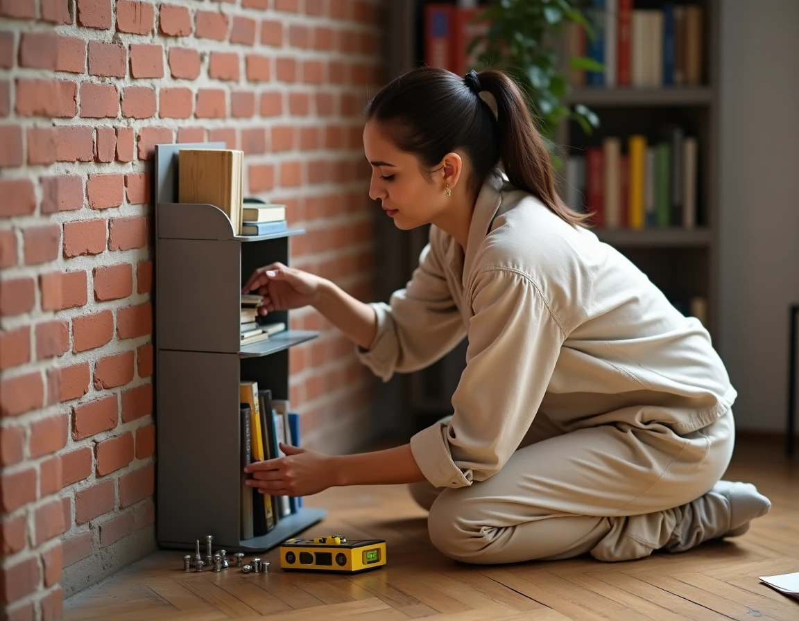 Femme installant un book stacker mural sur un mur en briques apparentes et vérifiant le niveau avec un niveau à bulle