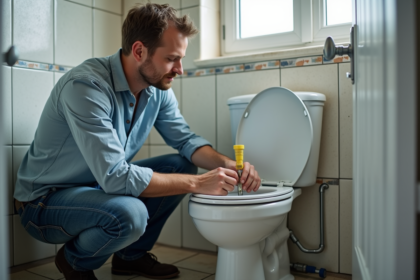 Homme connectant une canalisation d'eau de pluie dans une buanderie