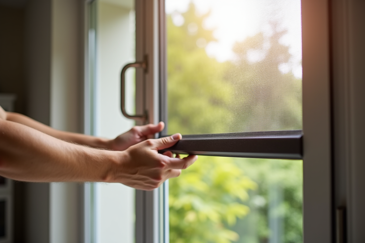 Main installant un ecran retractable sur une porte balcon